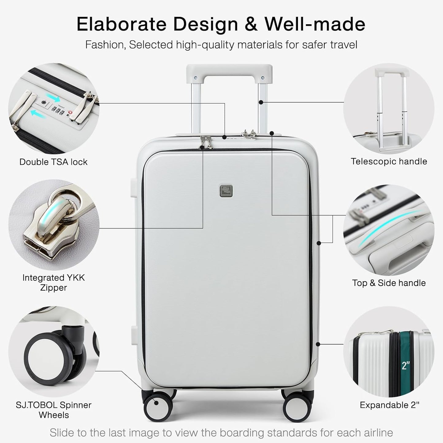 Hanke Grace Expandable Carry On Luggage with Wheels Airline Approved Hard Shell Suitcases with Front Pocket，Top Opening Luggage with TSA Lock for Short Business Travel, Smoke White.