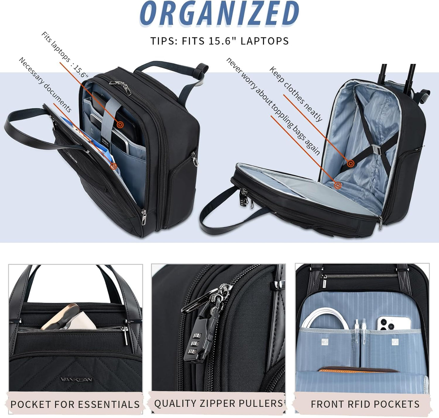 VANKEAN Carry On Underseat 16-inch Multi-functional Underseater Lightweight Overnight Suitcase with Wheels Roller Case for Women Men Travel Business, Black