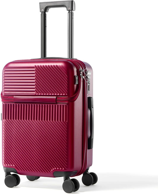 UrbanExplorer 20 Inch Carry-On Luggage with Front Opening, Cup Holder & USB Port, Lightweight ABS+PC Hardshell Spinner Suitcase, Airline Approved, 360° Wheels, Wine Red