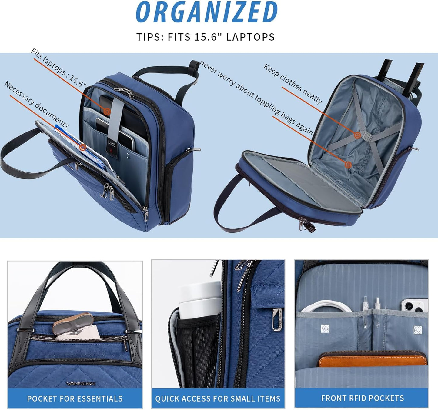 VANKEAN Carry On Underseat 16-inch Multi-functional Underseater Lightweight Overnight Suitcase with Wheels Roller Case for Women Men Travel Business, Haze Blue