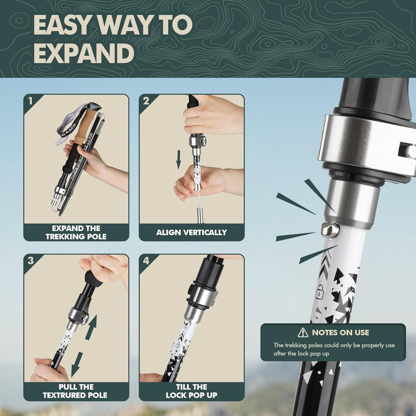 GPTCAMP Nordic Walking Stick, TPZ-1, 2pc Folding Collapsible Hiking Poles with Metal Quick Lock, Cork Handle, Lightweight 7075 Aluminum Trekking Poles for Seniors Women Men Hiking Gear