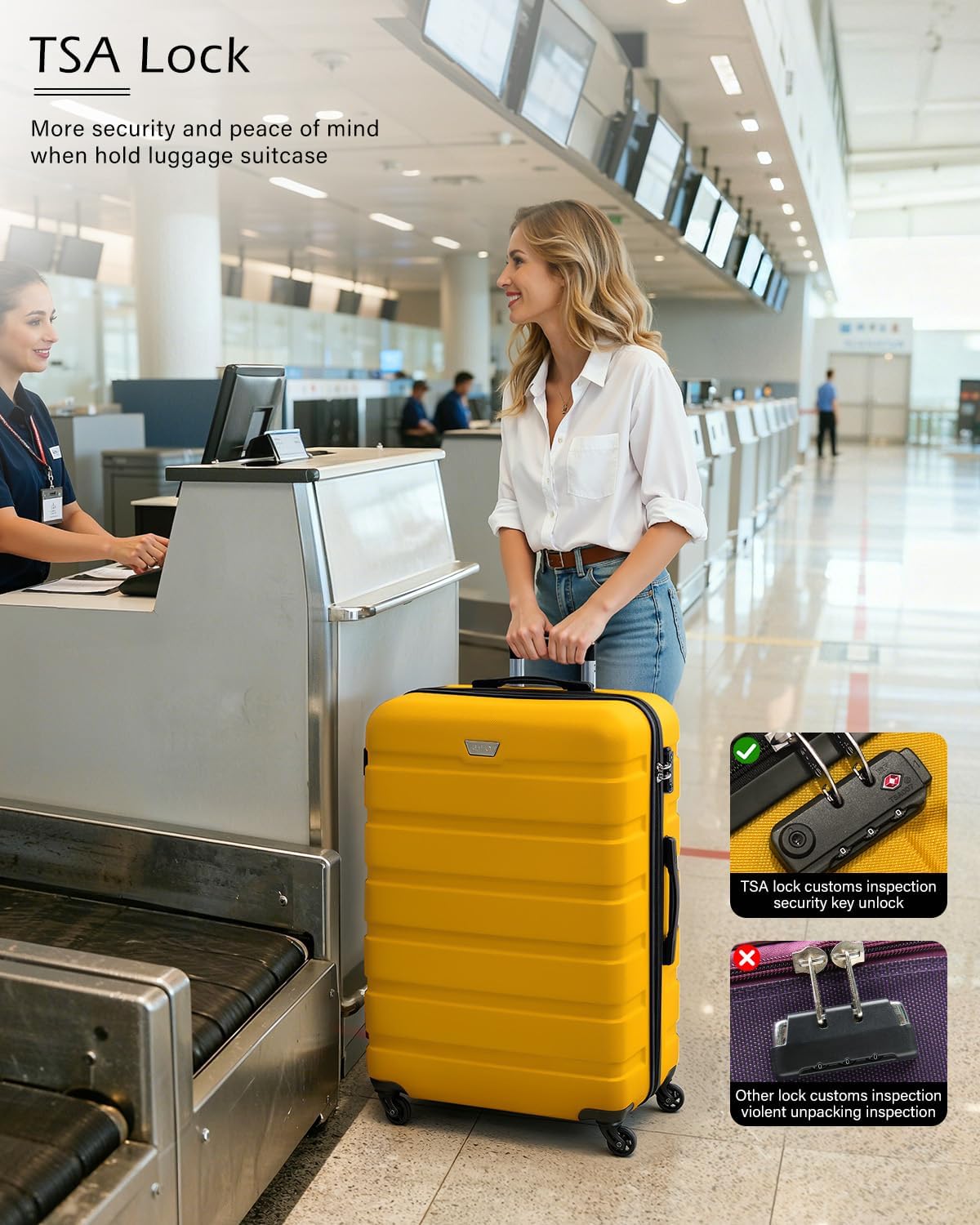 Coolife Luggage 3 Piece Set Suitcase Spinner Hardshell Lightweight TSA Lock (yellow, 3 piece set(20in24in28in))