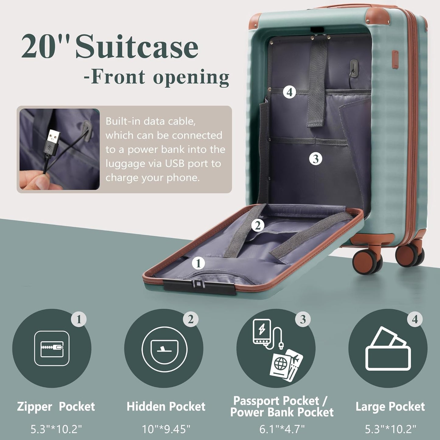 Merax Luggage Sets 3 Piece Front Opening, Hardside Lightweight Carry on Suitcase with Cup Holder USB Port,Durable Expandable Luggage with Bags Spinner Wheels and TSA Lock,Blue Green