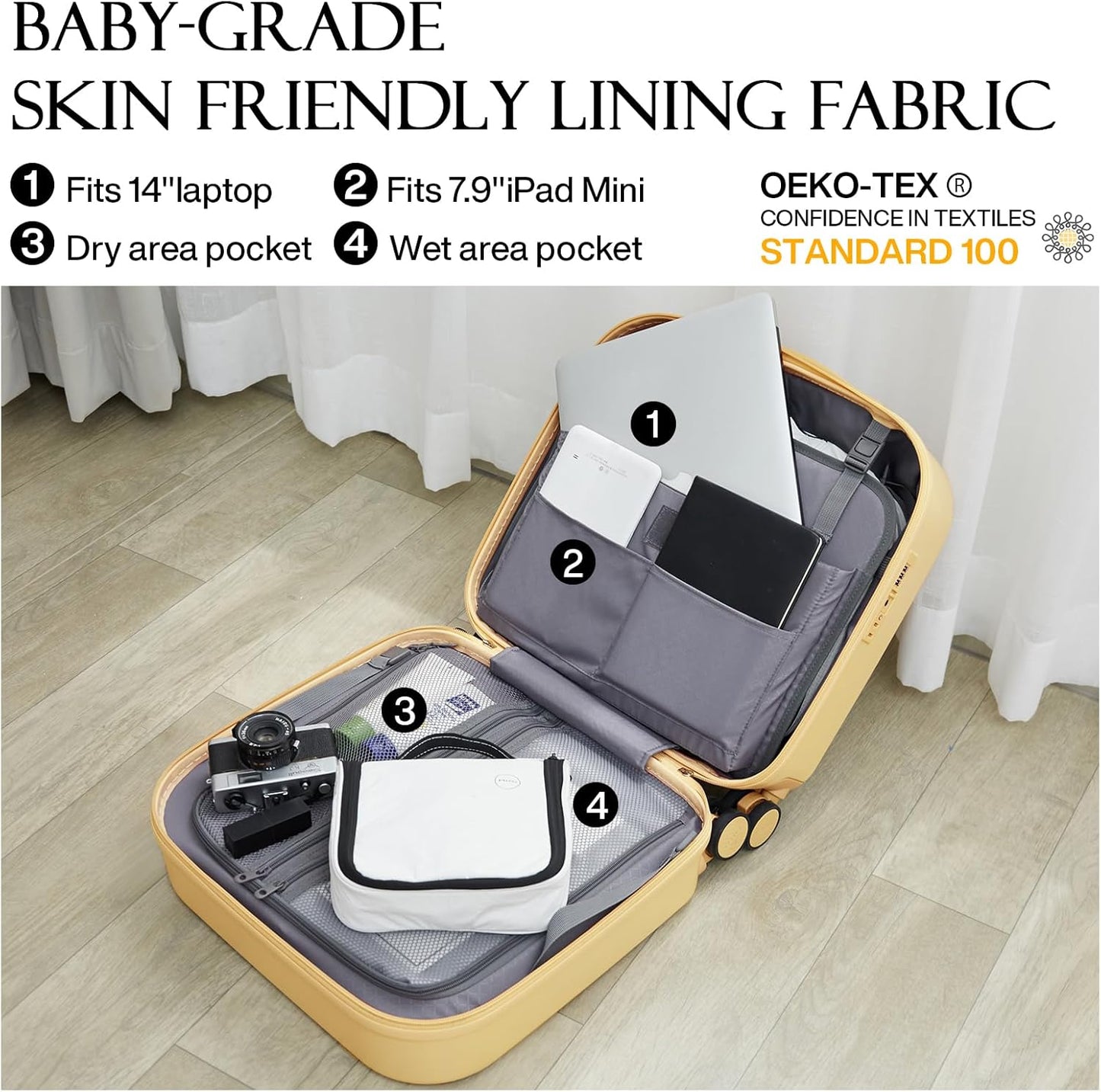 mixi Carry on Luggage, Suitcase with Spinner Wheels 16in Luggage Hardshell Lightweight Rolling Suitcases PC with Cover & TSA Lock, Lark Yellow