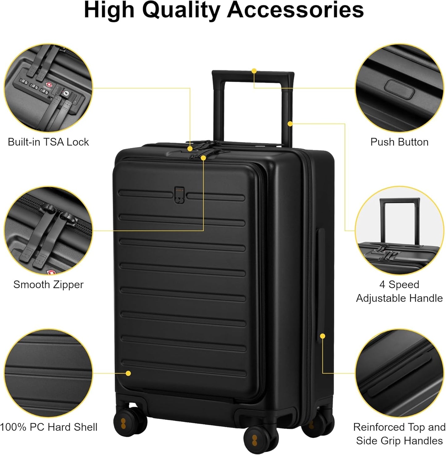 LEVEL8 Carry On Luggage with Compartment, 20 Inch Lightweight Hard Shell Rolling Suitcase with Wheels Airline Approved with Front Pocket, Double Tsa Locks, Black