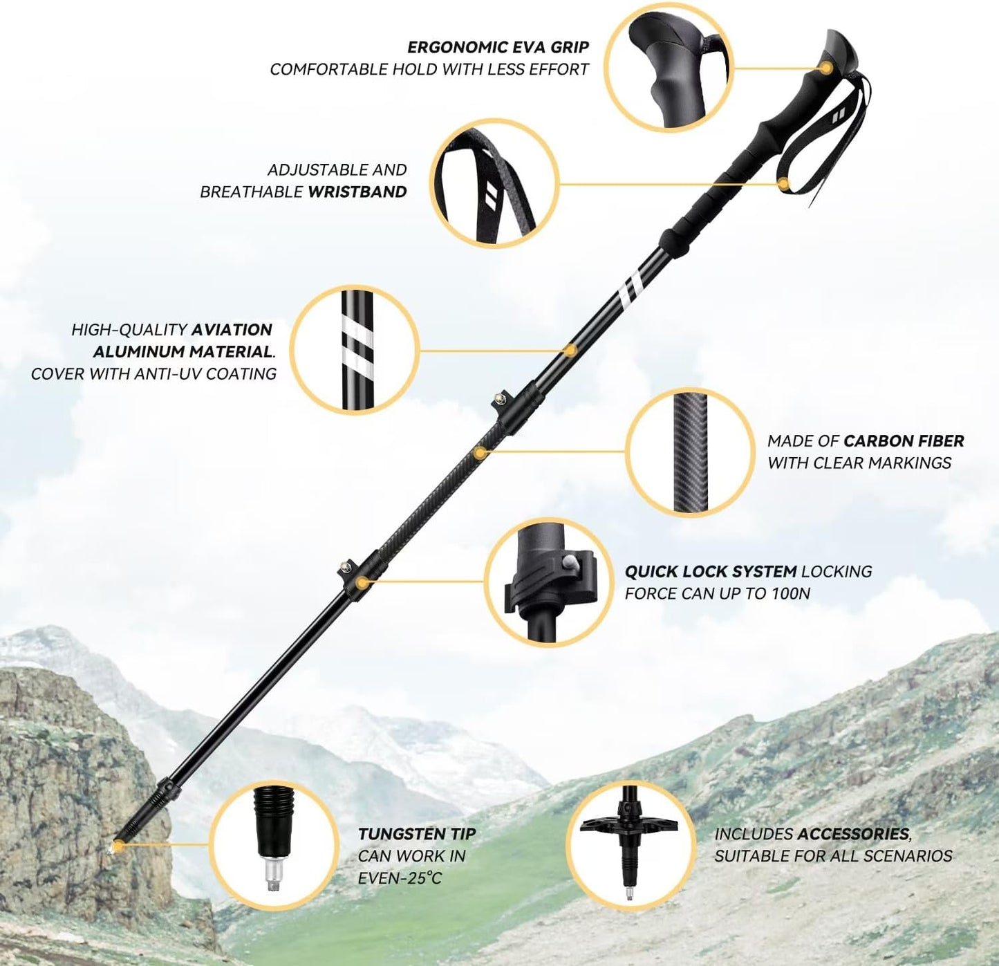 Collapsible Hiking Poles, Lightweight Aluminum Adjustable Walking Poles,Carbon Fiber Trekking Poles with Flip Lock and EVA Grips Suitable for All Kinds of Travel