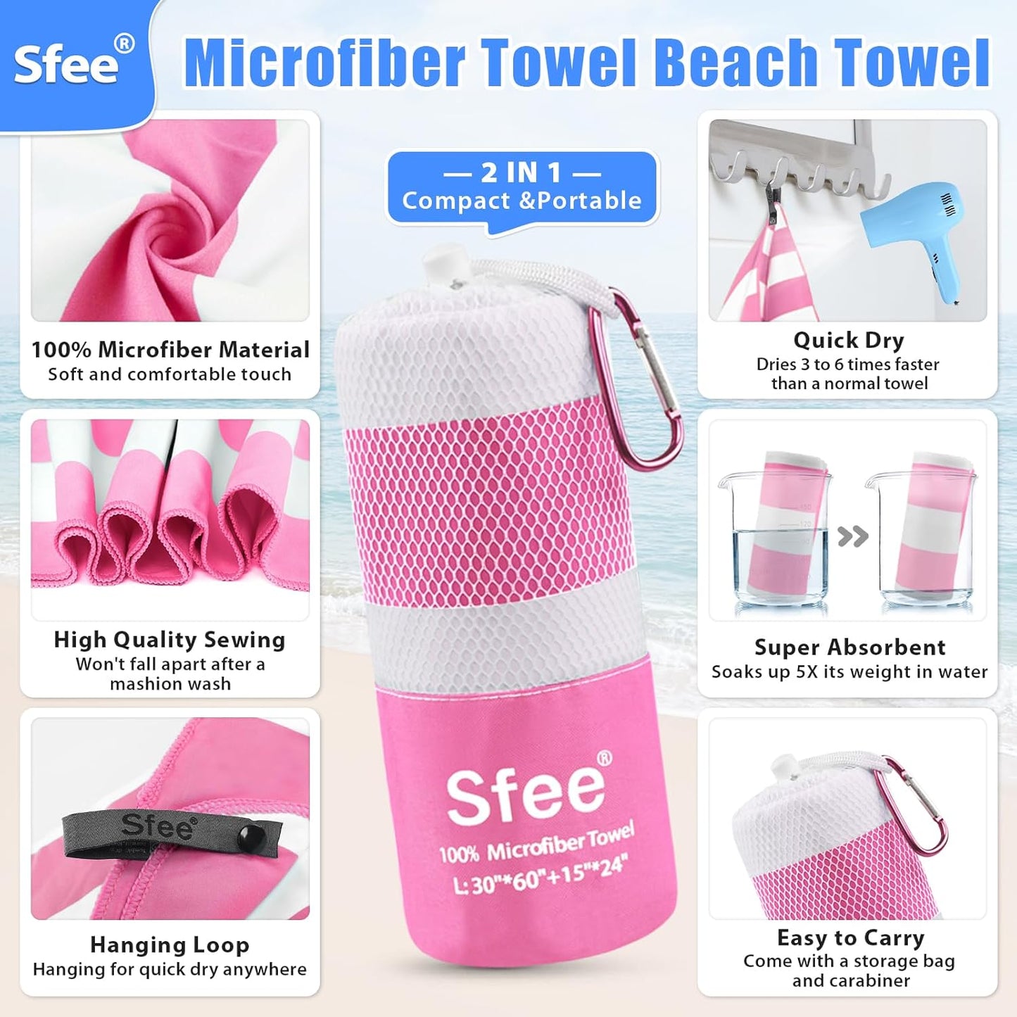 Sfee 2 in 1 Microfiber Beach Towel, Quick Dry Towel Camping Towel Travel Towel Super Absorbent Compact Lightweight Sports Gym Towels Set for Beach, Gym, Hiking, Pool, Backpacking, Bath, Yoga