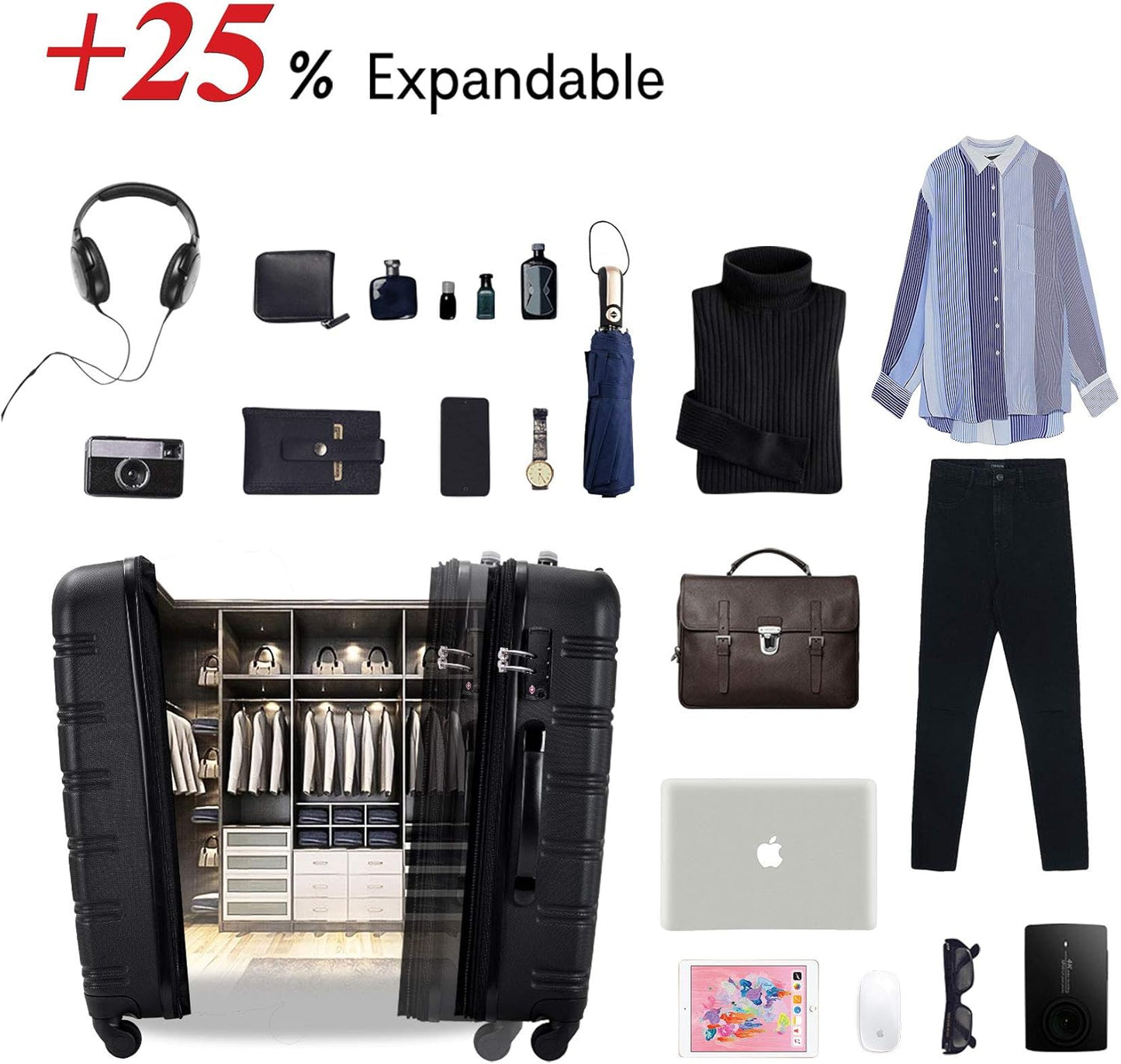 Merax Luggage Set, Lightweight Carry on Luggage Airline Approved, Hard Case with Spinner Wheels,Black, 3 Set