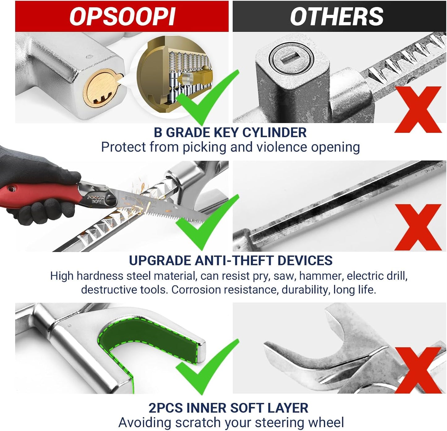 Car Steering Wheel Lock, Anti Theft Car Device for Car Steering Wheel, Car Security Car Theft Prevention with 3 Keys and Safety Hammer Fit for All Cars (Red)