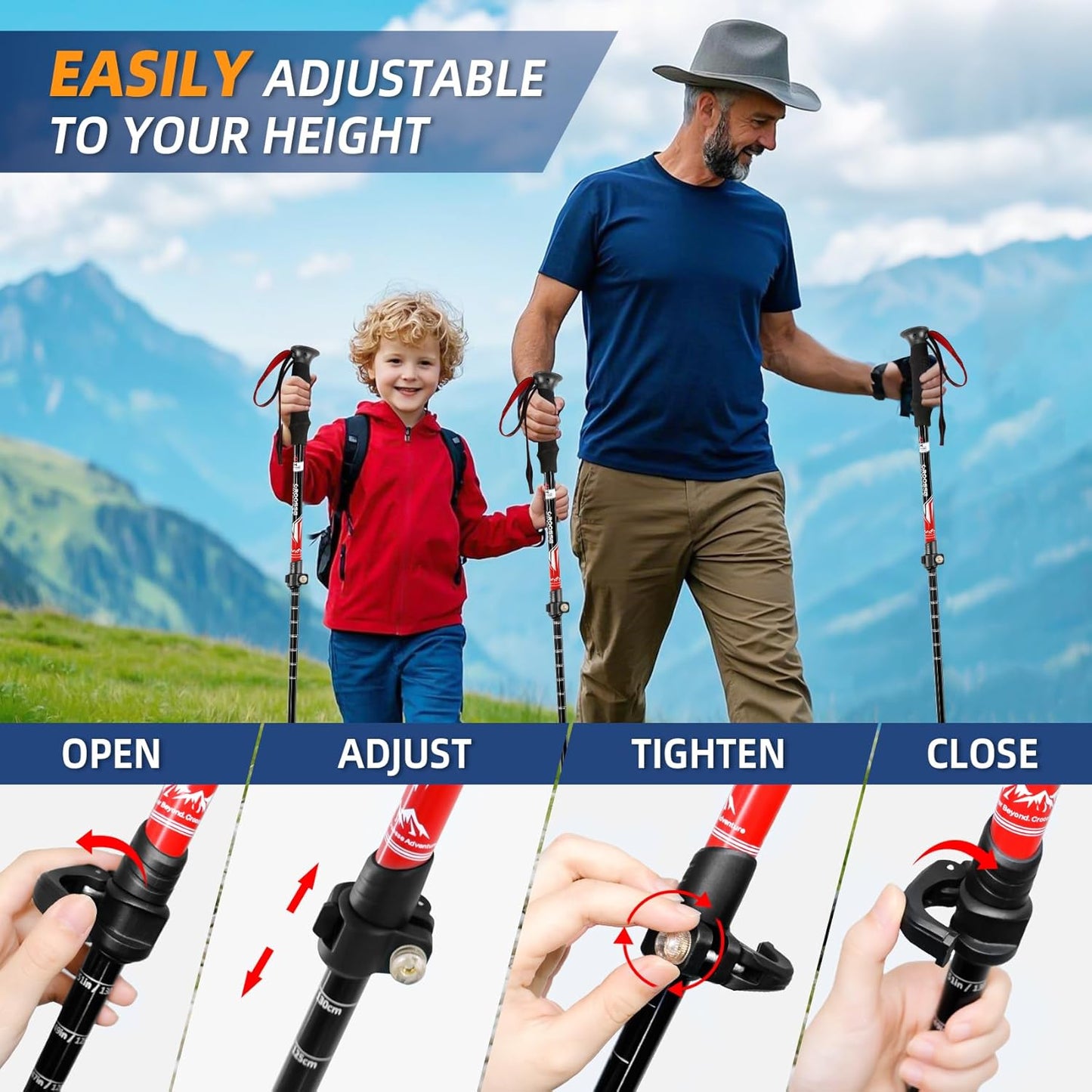 Lightweight Collapsible Trekking Poles for Hiking – 2 Pack Adjustable Hiking Poles, Aluminum Walking Sticks for Skiing, Nordic Walking, Retractable Walking Sticks for Seniors, Women, Men