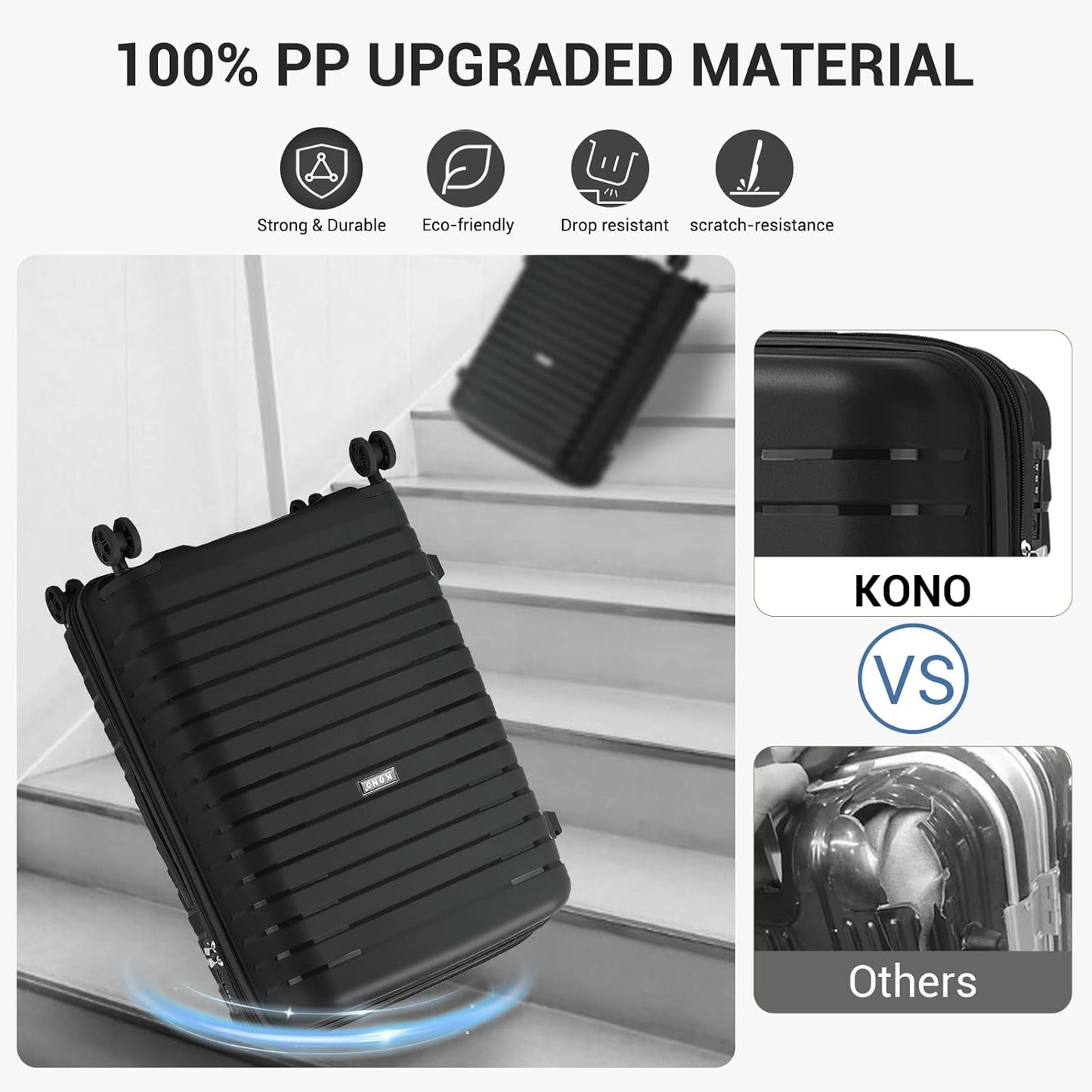 Kono 24 Inch Expandable Luggage Suitcase with Spinner Wheels, Durable Hardside Checked Luggage with Hidden Cup Holder, Lightweight Hard Shell Medium Suitcase with TSA Lock(Black)