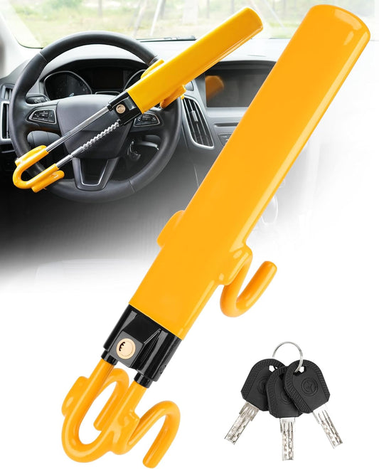 Tevlaphee Steering Wheel Lock - Heavy Duty Antitheft Device and Car Security Lock with Adjustable Locking and 3 Keys - Great Vehicle and Truck Deterrent (Yellow)