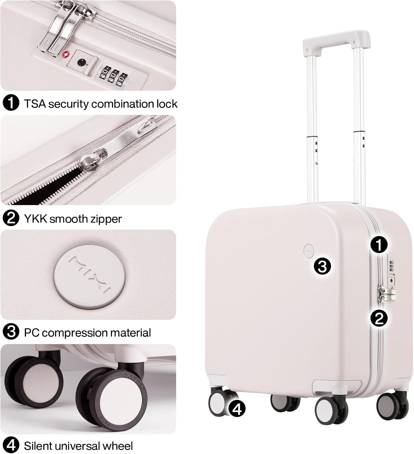 mixi Carry on Luggage, Suitcase with Spinner Wheels 16in Luggage Hardshell Lightweight Rolling Suitcases PC with Cover & TSA Lock, Off White（Slight Pink）