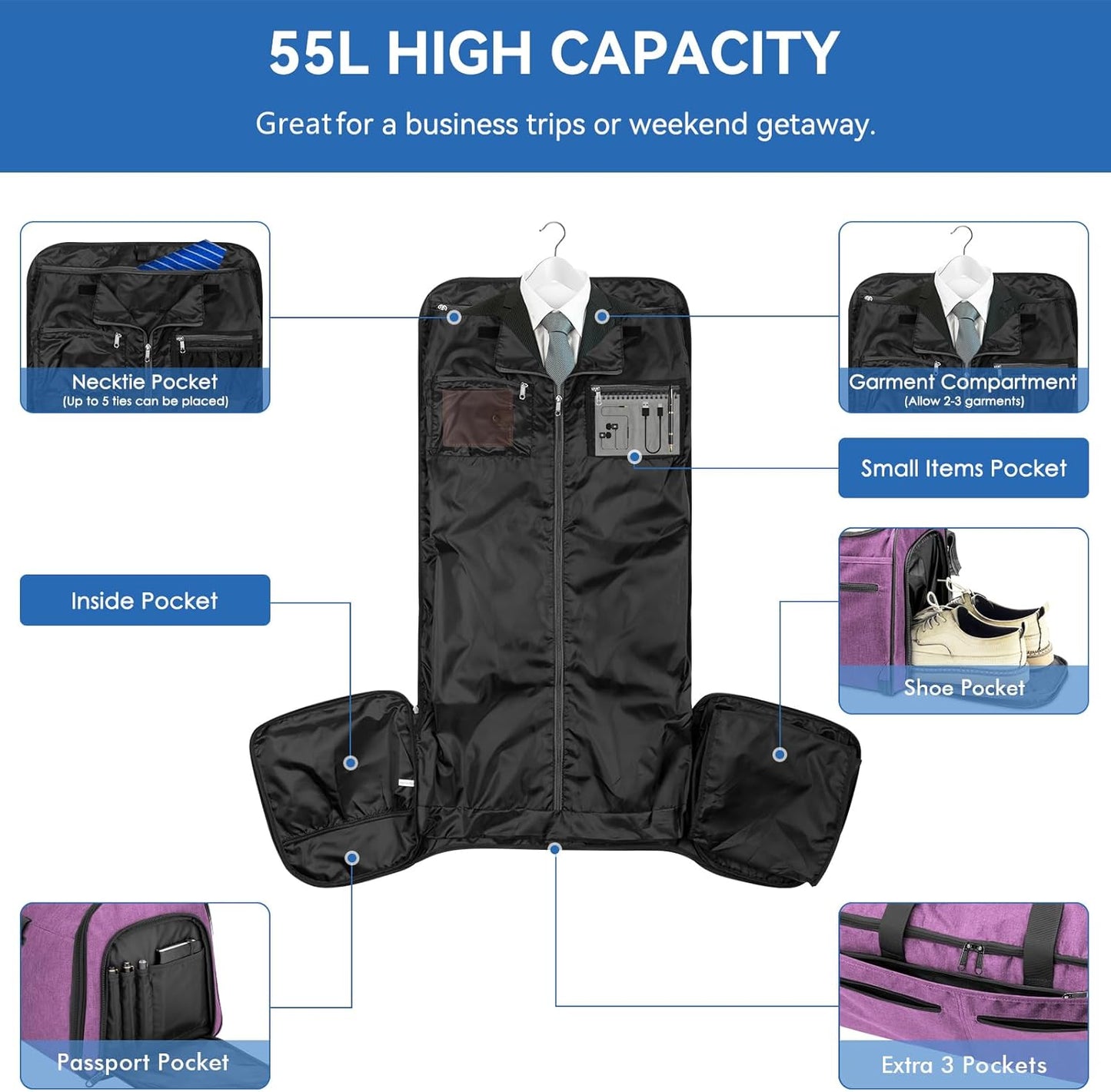 Bukere Carry on Garment Duffle Bag for Travel, Convertible Suit Bag with Backpack Shoulder Straps, Shoe Compartment, Waterproof 3 in 1 Weekender Suit Bag for Men Women