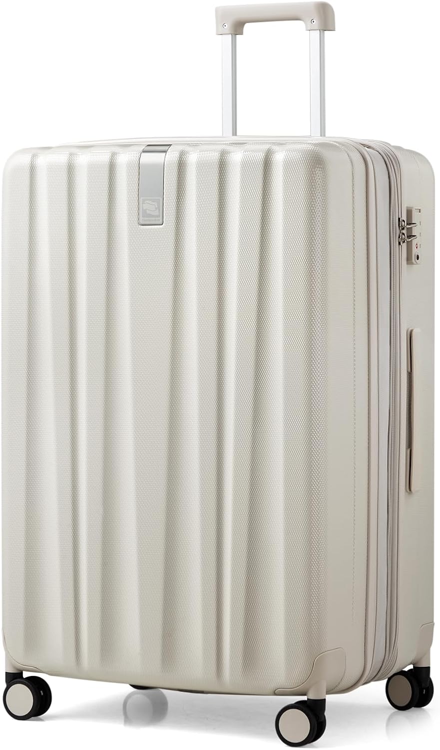 Hanke 29 Inch Expandable Checked Luggage Lightweight PC Hard Shell Luggage Suitcases with Wheels Travel Luggage Rolling Large Suitcase Travel Luggage Bag for Study Abroad.(Ivory White)