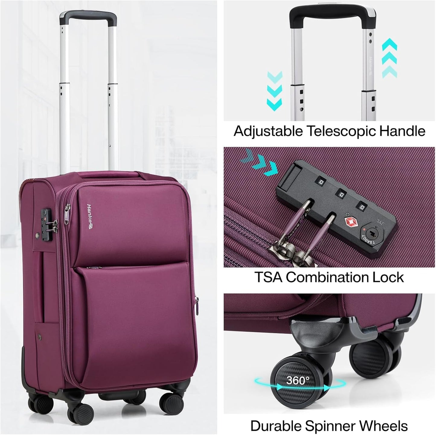Hanke 3 Piece Luggage Sets Softside Expandable Carry On Luggage Set Travel Suitcase Sets with Spinner Wheels TSA Approved Luggage(Purple, 20in/24in/28in)