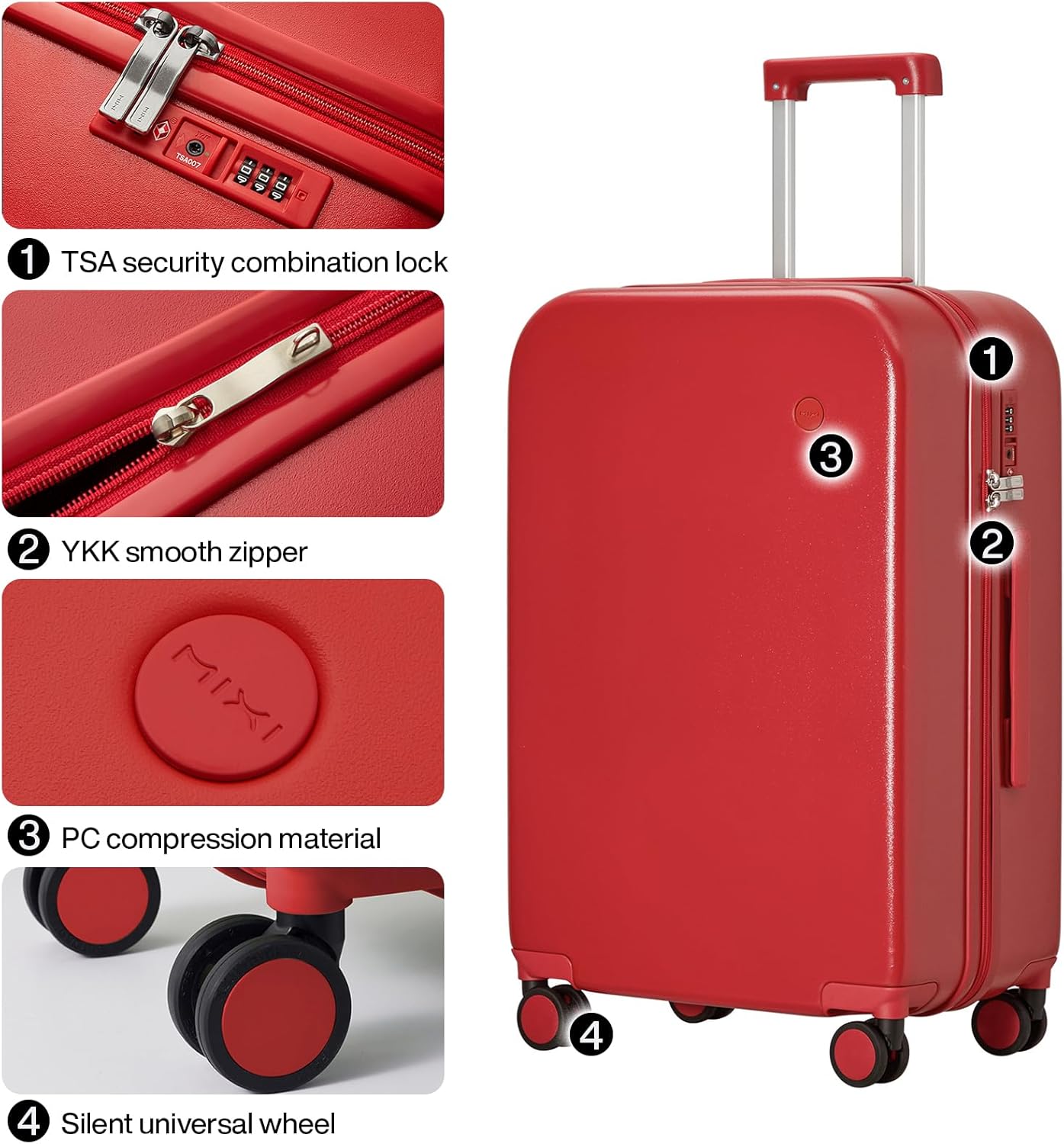 mixi Luggage Suitcase with Spinner Wheels, Hardside Rolling Suitcase PC with Cover & TSA Lock Lightweight Travel Case 24in Checked in, Red