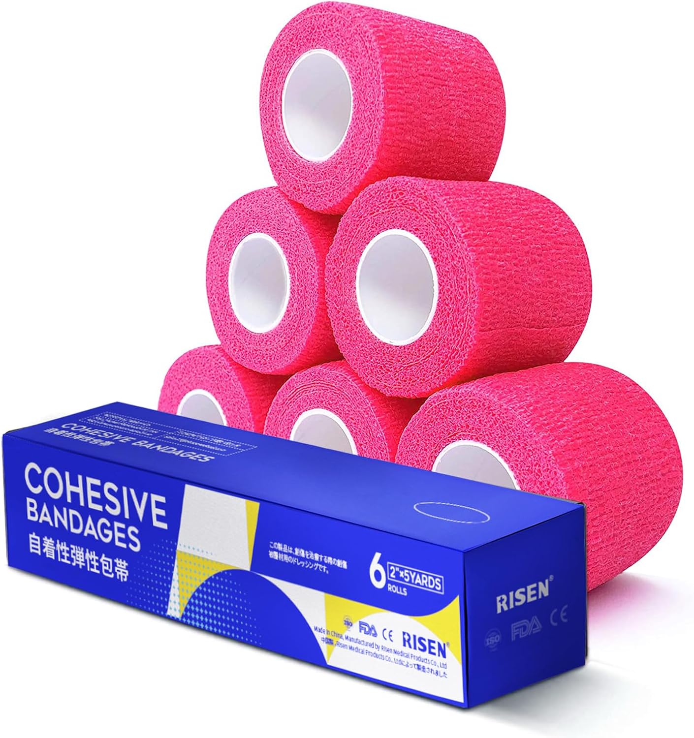 RISEN Cohesive Bandage 2” x 5 Yards, 6 Rolls, Self Adherent Wrap Medical Tape, Adhesive Flexible Breathable First Aid Gauze Ideal for Stretch Athletic