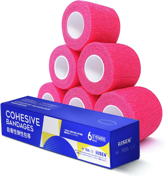 RISEN Cohesive Bandage 2” x 5 Yards, 6 Rolls, Self Adherent Wrap Medical Tape, Adhesive Flexible Breathable First Aid Gauze Ideal for Stretch Athletic