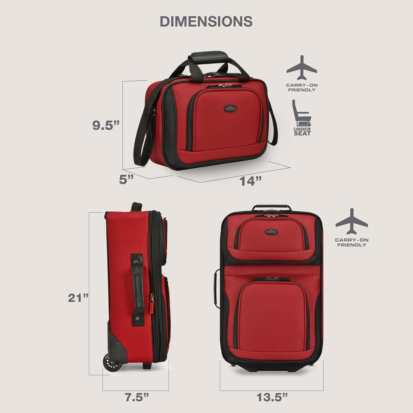 U.S. Traveler, Rio Rugged Fabric Expandable Upright Rolling Carry-on Luggage Set w/ Tote Bag, Red, 2-Piece (21/14)