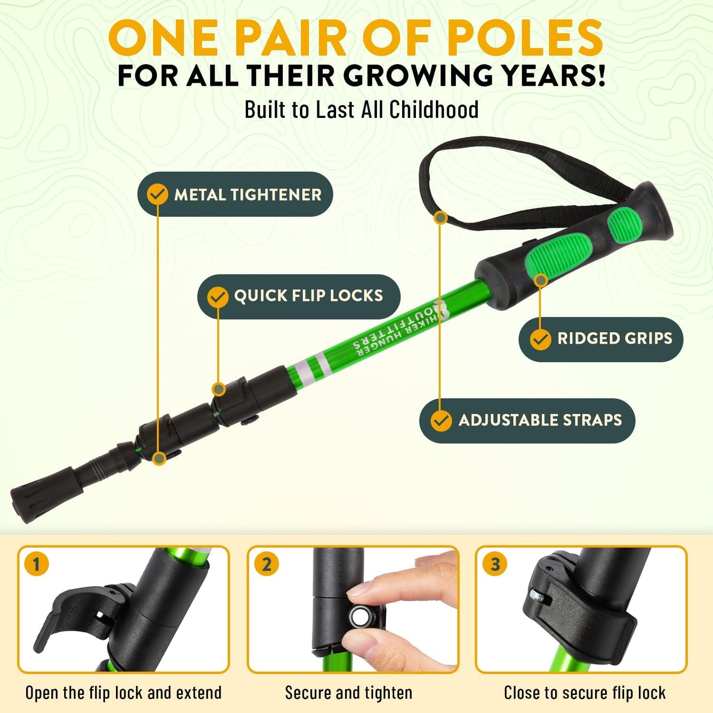 Kids Hiking Poles by USA Brand - Lightweight Collapsible Kids Walking Stick w/Quick Adjustable Flip Locks