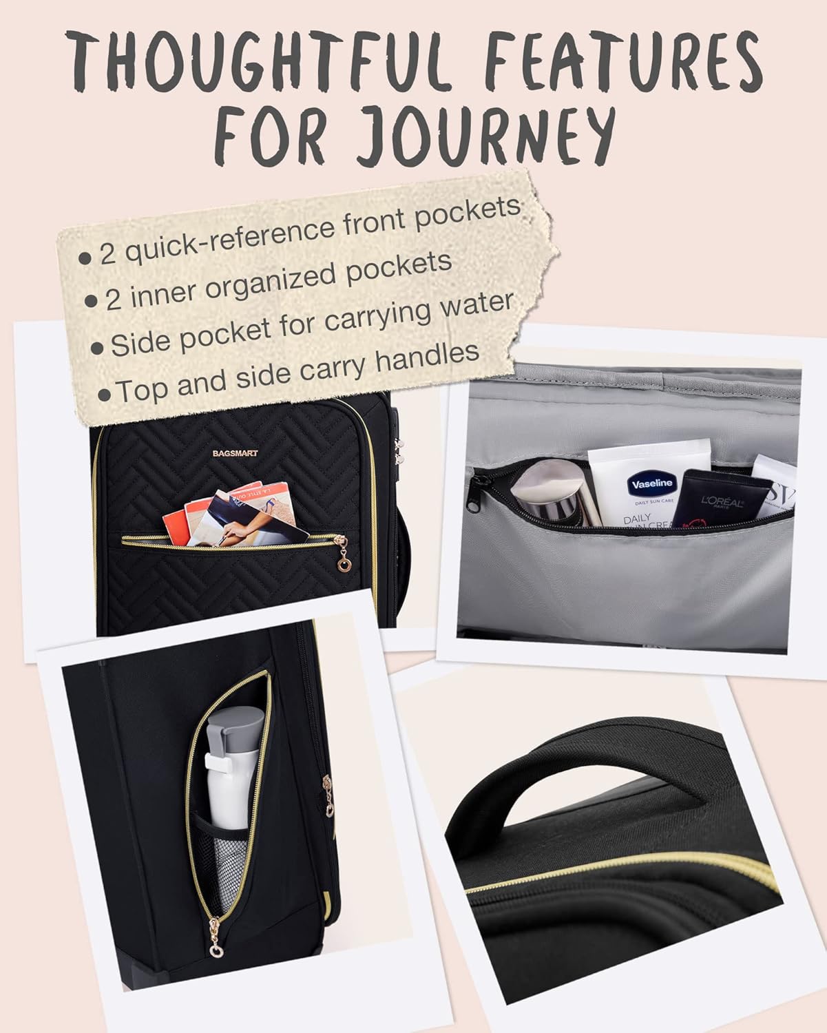 BAGSMART Carry On Luggage 20 Inch, Expandable Suitcase, Luggage with Duffel Luggage Airline Approved Rolling Softside Suitcases Women Men, Carry-On Black Square Quilted