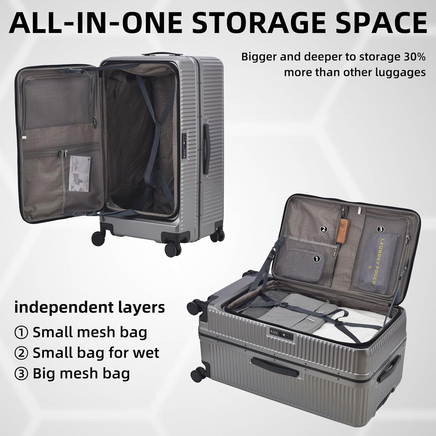 29 Inch Aluminum Checked Luggage with Side Opening Zipper, 40 * 37 * 77cm, 113L, Lightweight Hardshell ABS+PC Suitcase with TSA Lock, 360° Universal Wheels, Dark Gray