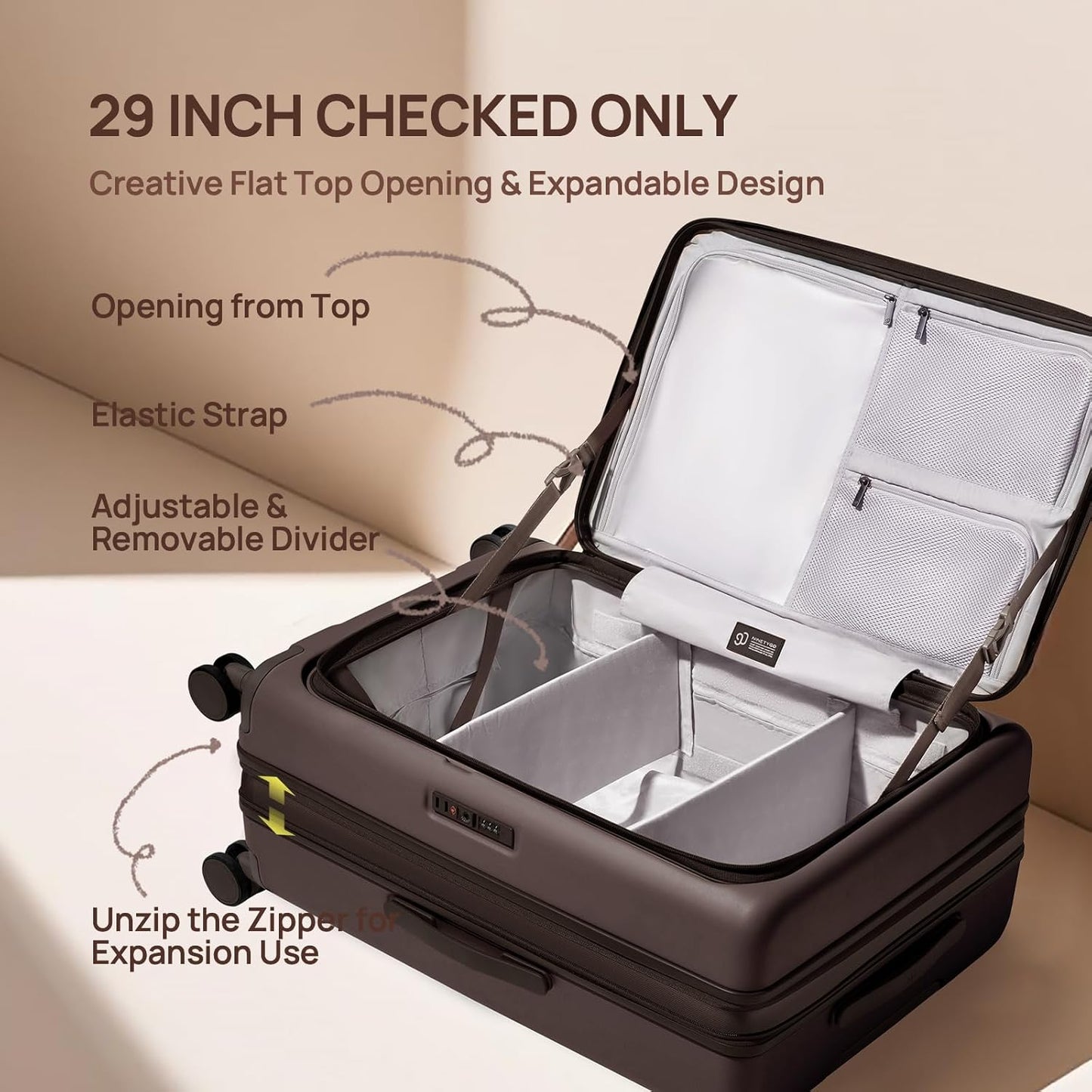 NINETYGO Large Checked Luggage 29 Inch, Flat Top Opening Checking In Luggage with Brake Wheels, Expandable, Coffee-Infused PC Hard Shell, Eco-Friendly, TSA Lock, 360° Spinner Wheels (Latte)