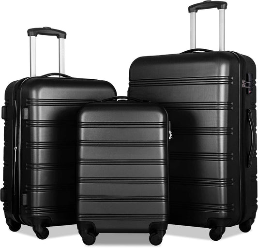Merax Luggage Set, Lightweight Carry on Luggage Airline Approved, Hard Case with Spinner Wheels,Black, 3 Set
