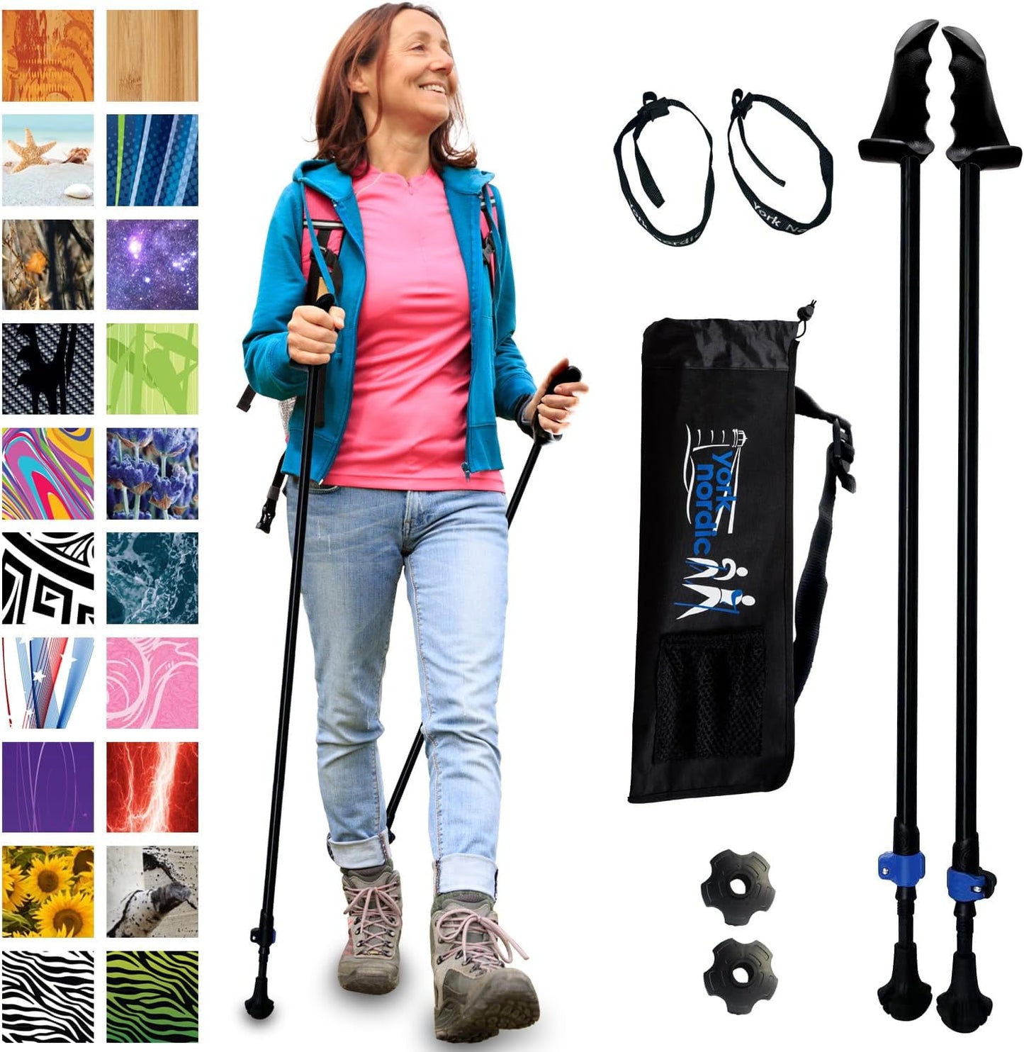 York Nordic Motivator Walking Poles for Balance and Rehab - Patented Stability Grips - Lightweight, Adjustable, and Collapsible - 2 Pieces Adjustable w/flip Locks - Heights 4'6" up to 6'2" - 230 lbs
