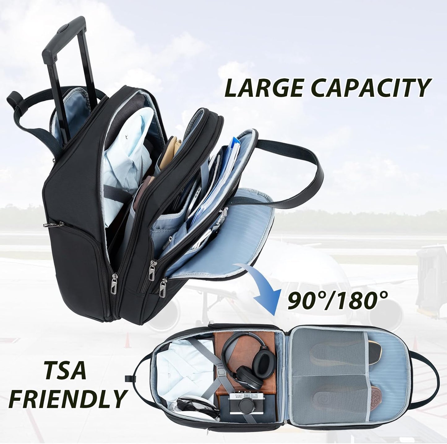 VANKEAN Carry On Underseat 16-inch Multi-functional Underseater Lightweight Overnight Suitcase with Wheels Roller Case for Women Men Travel Business, Black