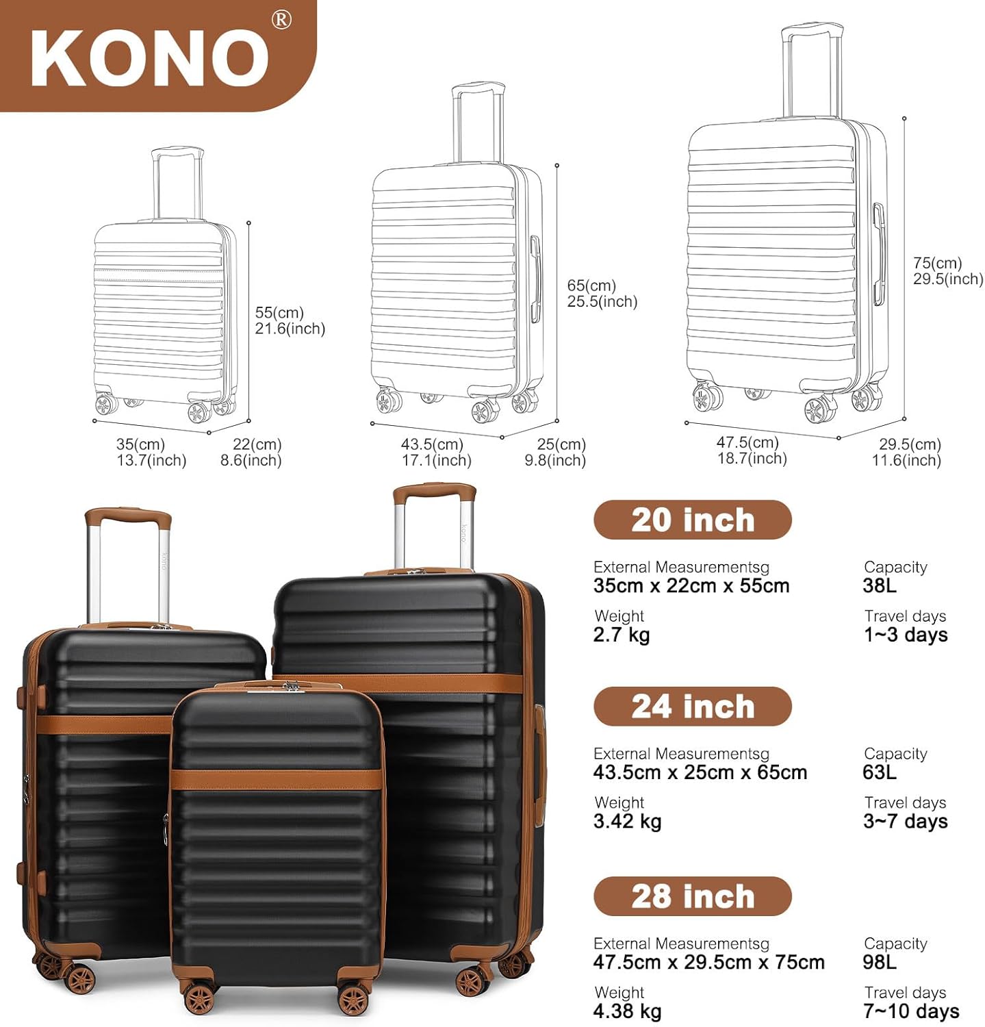 Kono Expandable 28 Inch Large Checked Luggage: ABS+PC Hardside Trolley Travel Case - Hard Shell Suitcase with TSA Lock, Black Brown