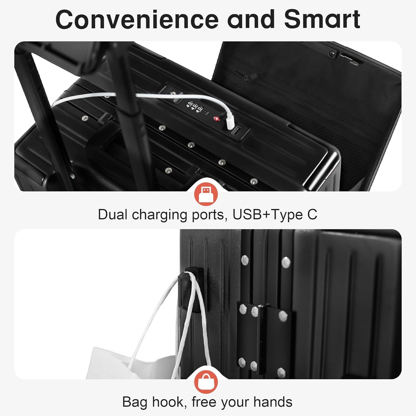 Carry On Luggage 20 Inch, Aluminum Frame Zipperless Luggage, ABS+PC Hard Shell Suitcases, Carry On with Compartment for Short Trips, Suitcase Carry-on TSA Approved (Black)