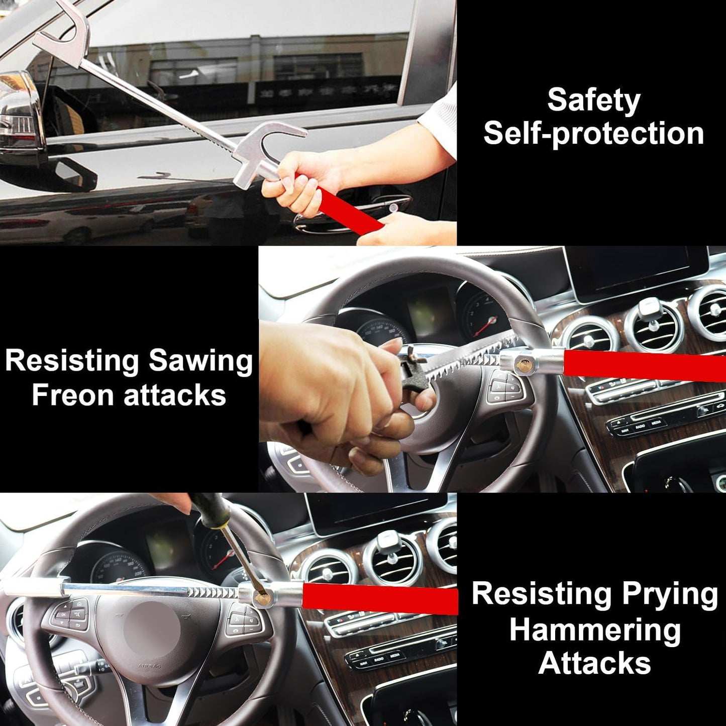 Tevlaphee Steering Wheel Lock for Cars,Wheel Lock,Vehicle Anti-Theft Lock,Adjustable Length Clamp Double Hook Universal Fit Emergency Hammer Window Breaker Self Defense Heavy Duty Secure