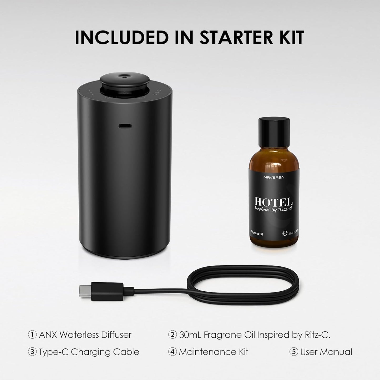 Waterless Essential Oil Diffuser Starter Kit with 30mL Hotel Scent Fragrance Oil Inspired by Ritz-C., Battery Operated Premium Portable Mini Scent Air Machine for Home Car Office, Black ANX