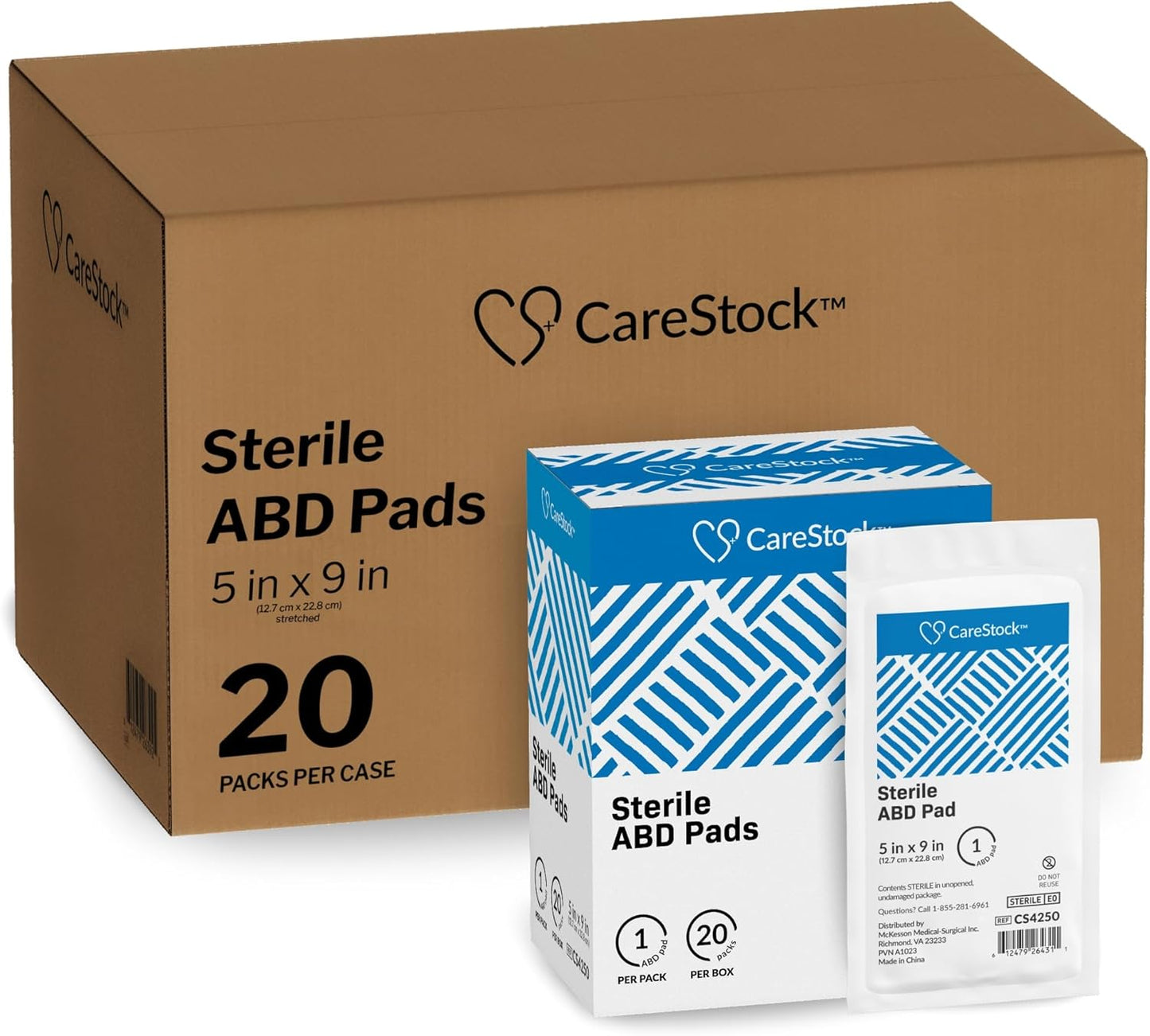 CareStock Abdominal Pads 5x9 in [400-Pack] Sterile ABD Pads, Extra Absorbent, Individually Wrapped, Wound Care First Aid, 20 Count, Pack of 20