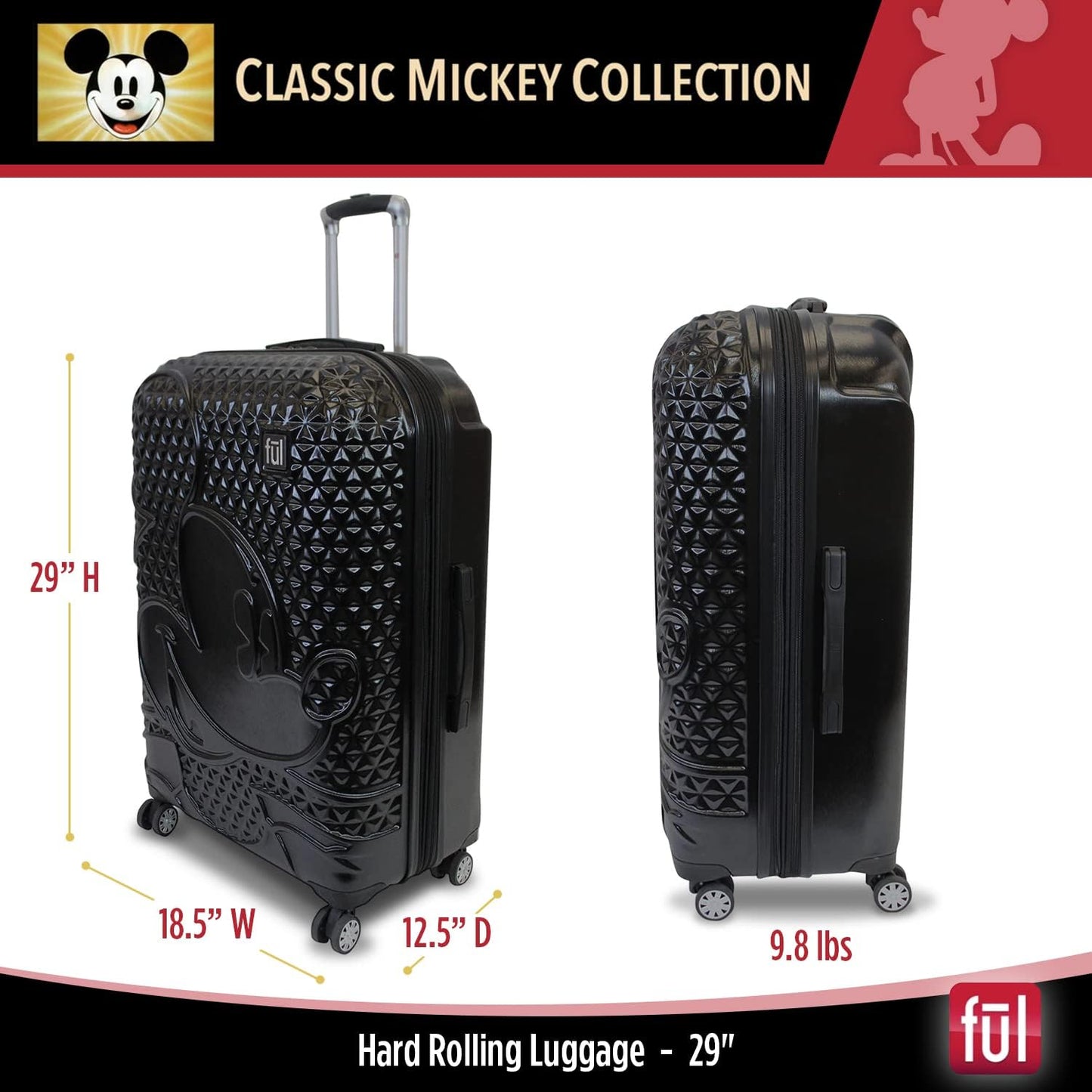 FUL Disney Mickey Mouse 29 Inch Rolling Luggage, Hardshell Suitcase with Spinner Wheels, Black
