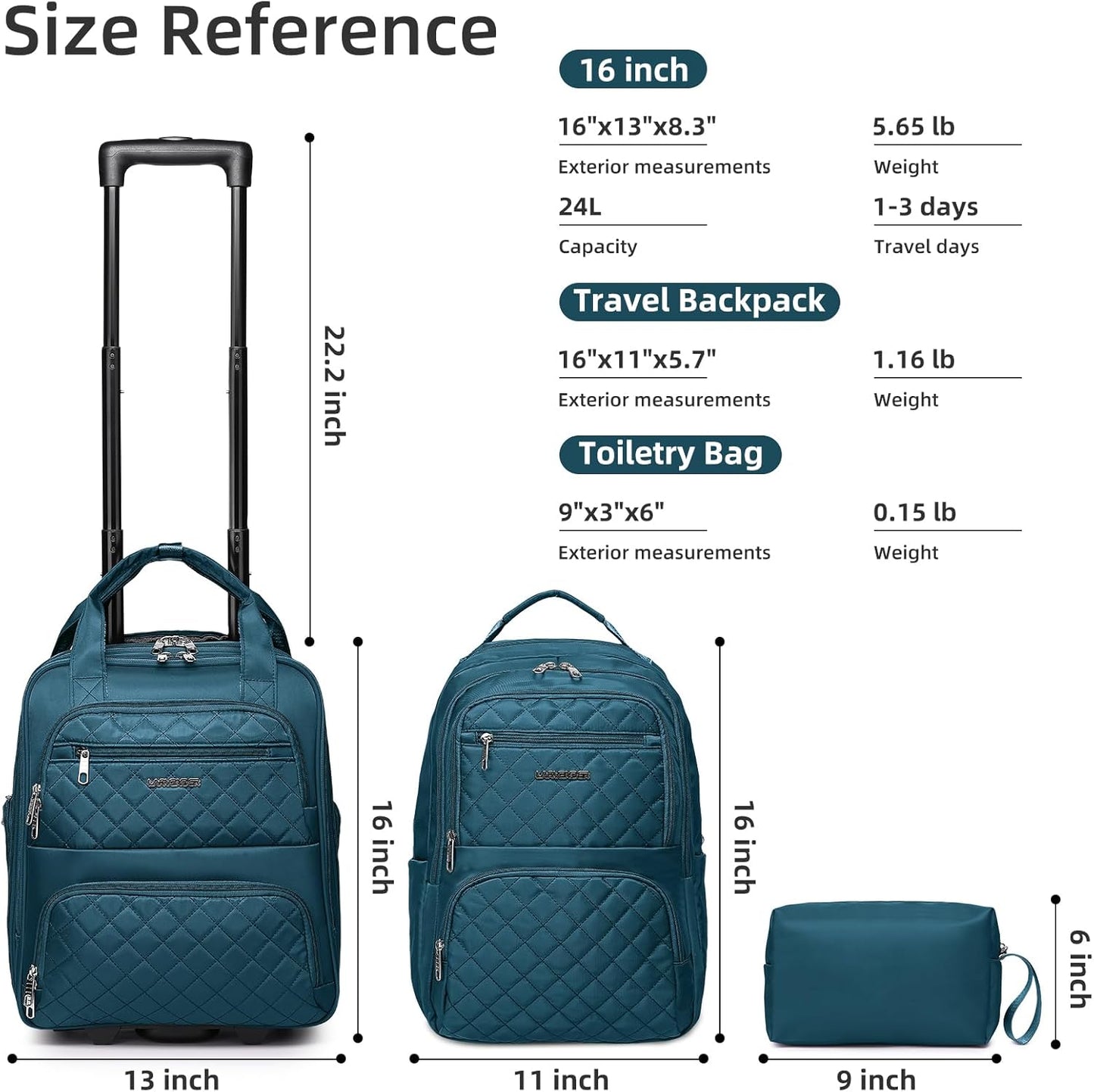 LARVENDER Underseat Carry On Luggage with Wheels Softside 16-inch Underseater Luggage Lightweight Overnight Suitcase for Men Women, Blue, 3 Piece (16/BP/TB)