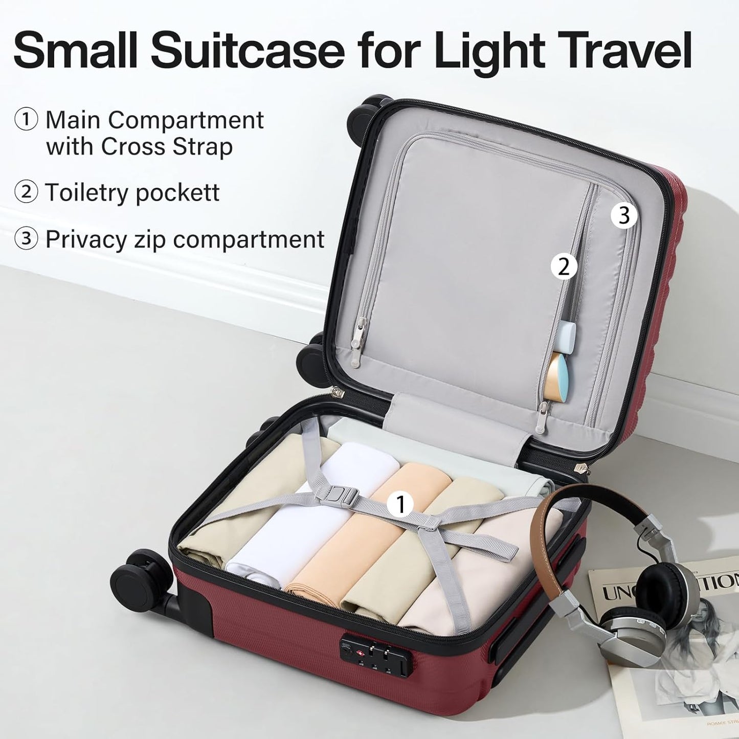 Hanke 14 Inch Underseat Carry On Luggage with Wheels Hard Shell Suitcases Lightweight Small Luggage for Weekender Mini Suitcase Carry On Bag Travel Luggage for Travel Rolling Suitcase.(Burgundy)