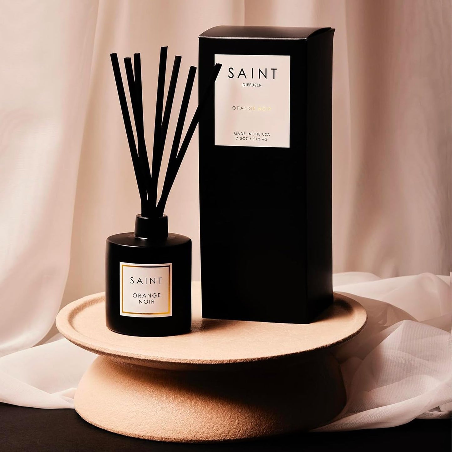 SAINT Reed Diffuser, Aromatherapy Diffuser Set with Scent Diffuser Sticks, Long-Lasting Oil Diffuser in Matte Black Glass Jar, Aroma Diffuser for Home, Bedroom, or Bathroom, 5oz, Orange Noir