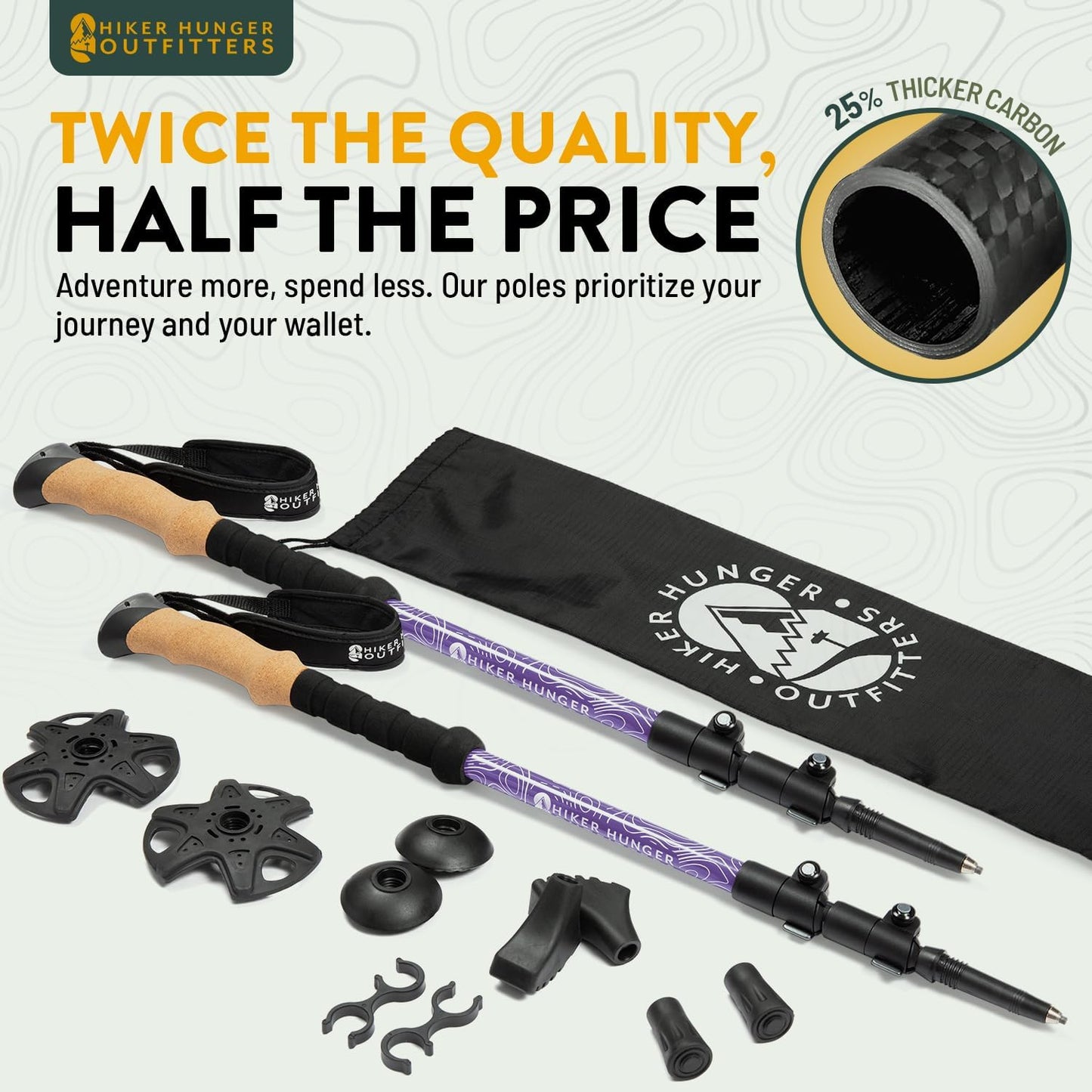 100% Carbon Fiber Trekking Poles by USA Brand - Ultra Strong Lightweight Collapsible Hiking Poles with Cork and EVA Foam Grips & Quick Adjustable Flip Locks