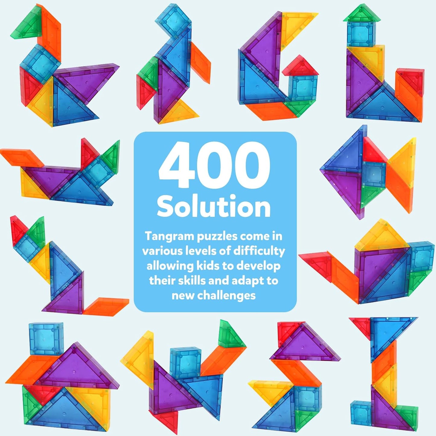 Magnetic Tangram Puzzle with 3D Building Blocks, Road Trip Essentials Travel Tangram with 400 Solution Montessori Travel Toys for Kids Magnetic Puzzles Brain Teasers for Kids Adults