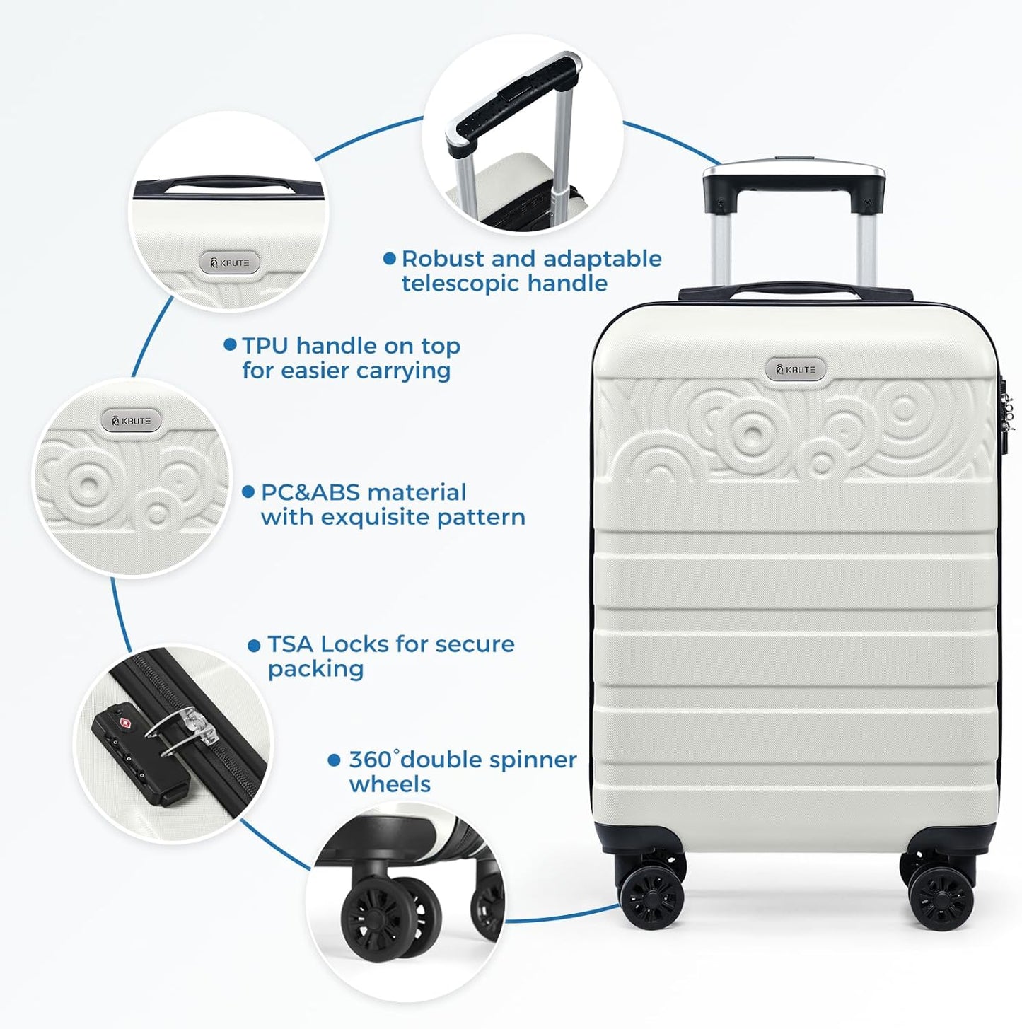 Krute Carry On Luggage 20 inch Suitcase with Spinner Wheels Airline Approved Hard Shell Luggages PC ABS TSA Lock Suitcase