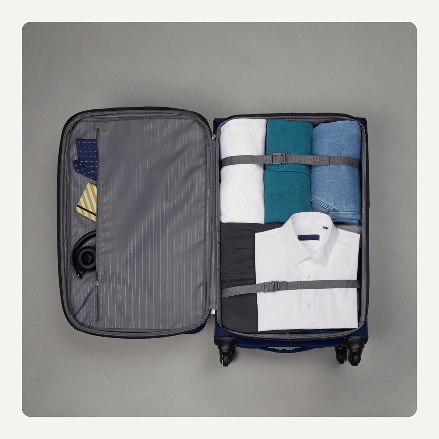 Amazon Basics Luggage, 28" Large Checked Softside Suitcase With Wheels With Four 360-Degree Multi-directional Spinner Wheels Expandable Space Zippered Pocket and Straps, Telescopic Handle, Navy Blue