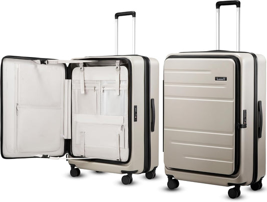 LUGGEX Checked Suitcase with Spinner Wheels, FLO5 Expandable Polycarbonate Hard Shell Suitcase with TSA Approved Lock (FX-Core, Beige, 28 Inch)