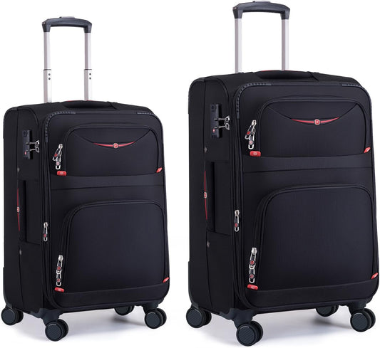 Softside Expandable Luggage with 4 Spinner Wheels, Durable Carry-On Luggage Suicase (Black, 2-Piece Set 21/25)