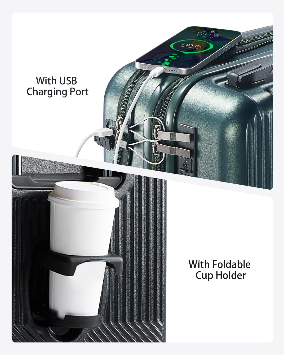 UrbanExplorer 20 Inch Carry-On Luggage with Front Opening, Cup Holder & USB Port, Lightweight ABS+PC Hardshell Spinner Suitcase, Airline Approved, 360° Wheels, Black