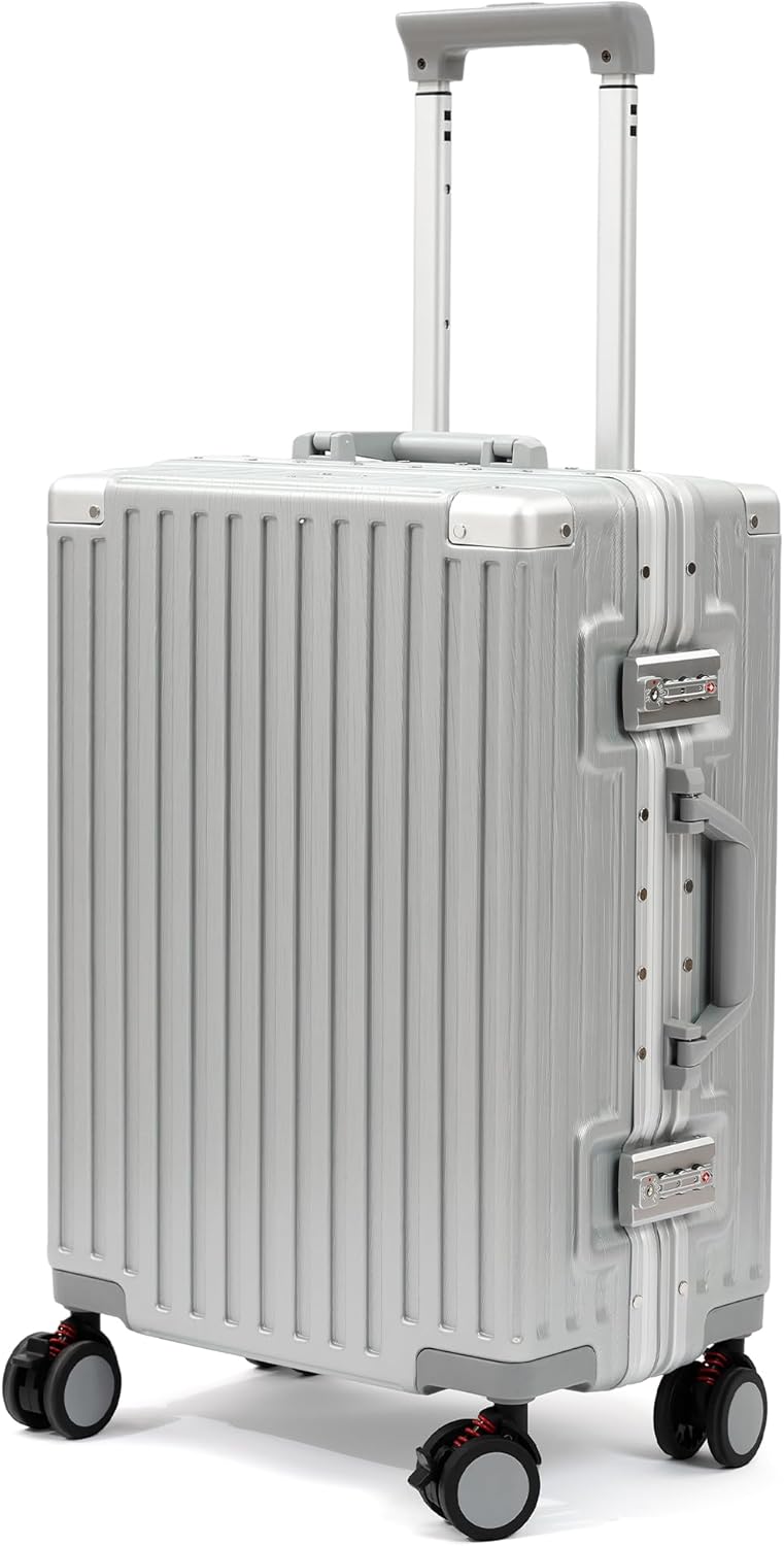 26 Inch Checked Luggage with Spinner Wheels, No Zipper Aluminum Frame Hard Shell Suitcases with TSA Lock, PC+ABS Lightweight Large Suitcase for Travel (Silver)