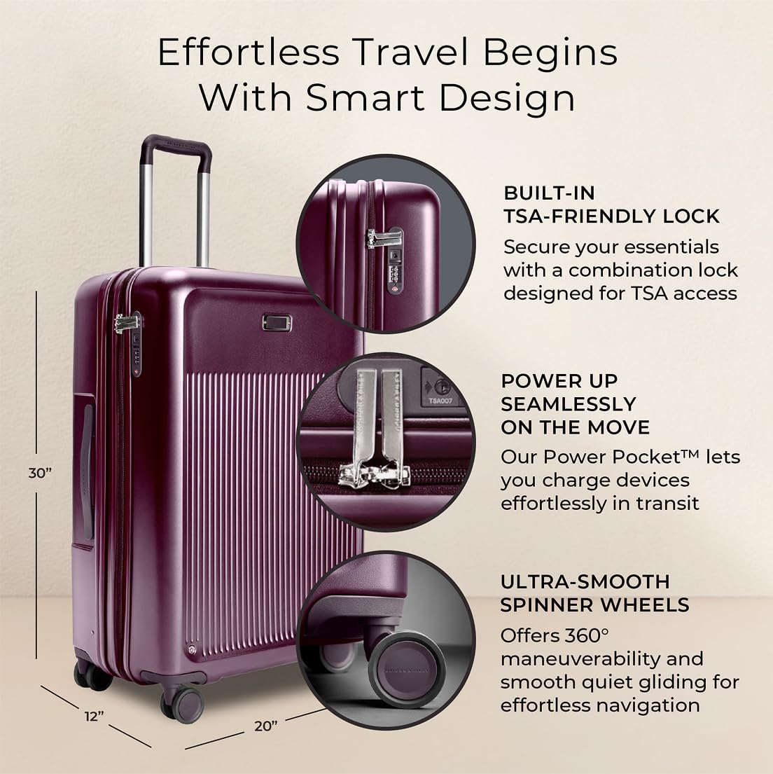 Briggs & Riley 30" Large Expandable Spinner - Checked Luggage for Travel, Suitcases with Wheels, Hardside Rolling Bag for Men & Women, Self-Repairing Zipper - Sympatico Collection, Plum