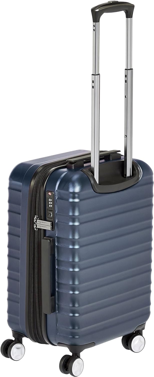 Amazon Basics 21-inch Carry On Luggage, Suitcase With Wheels (8 Spinner Wheels), TSA Lock, Expandable Capacity, Interior Divider and Pocket For Dry and Damp Clothes, Navy Blue